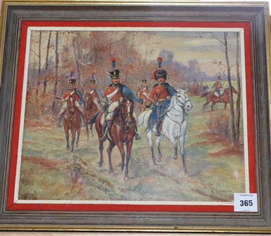 Albert Lepreux (French 1868-1959), oil on canvas, Cavalry in woodland, signed, 33 x 41cm